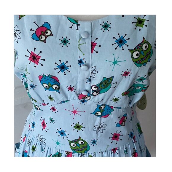 Lindy Bop UK 14 Dress Retro Plus 50s Pinup Cotton Stretch RARE Atomic Owls 40s - Picture 3 of 11